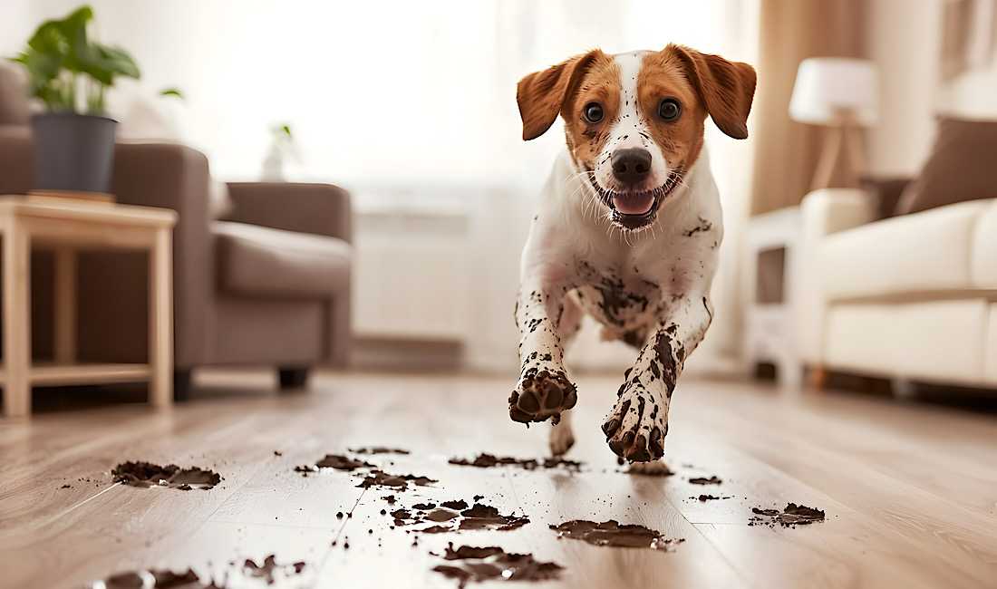Energetic Puppy with muddy paws, muddy paw prints on the floor